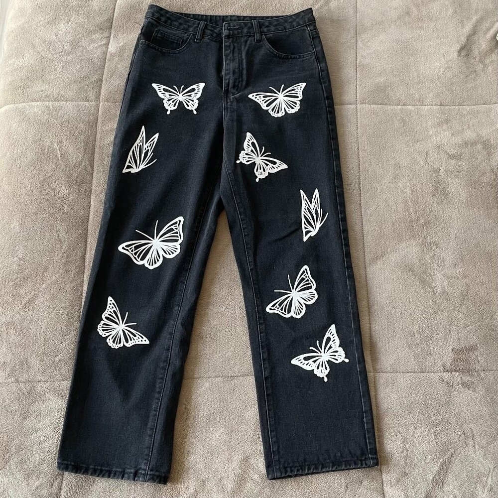 Black Butterfly Print Straight-Leg/Wide Leg Jeans